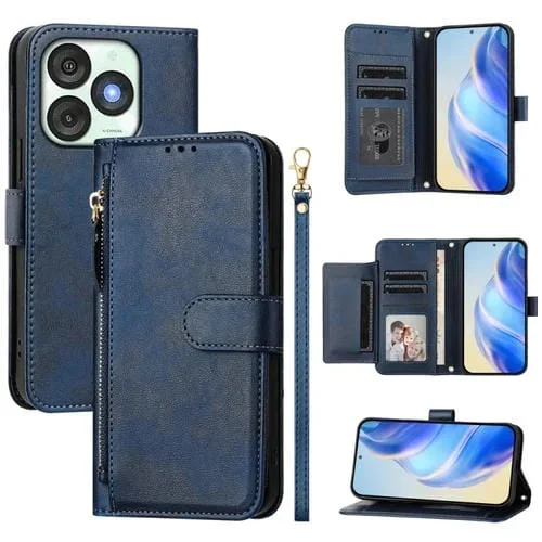 Funda de Cuero con Cremallera y Ranuras para Tarjetas para Itel A50 (Azul)