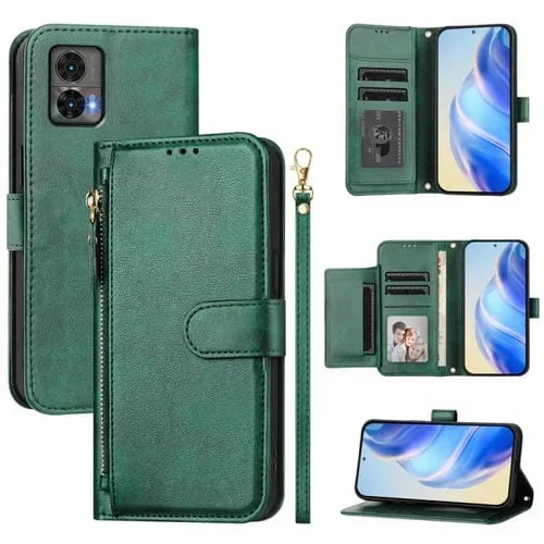 Funda de Cuero con Cremallera y Ranuras para Tarjetas para Motorola Edge 30 Neo (Verde)