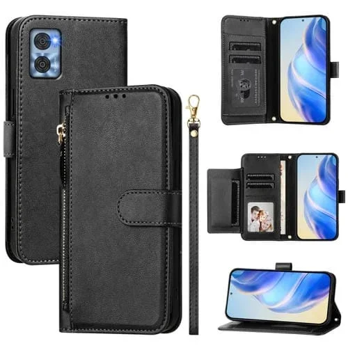 Funda de Cuero con Cremallera y Ranuras para Tarjetas para Motorola Moto E22 / Moto E22I (Negro)