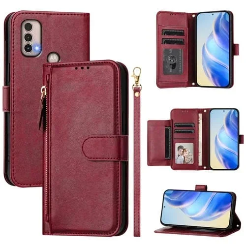 Funda de Cuero con Cremallera y Ranuras para Tarjetas para Motorola Moto E40/E30/E20 (Rojo Oscuro)
