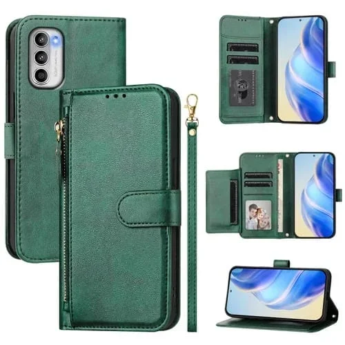 Funda de Cuero con Cremallera y Ranuras para Tarjetas para Motorola Moto G 5G (2022) (Verde)
