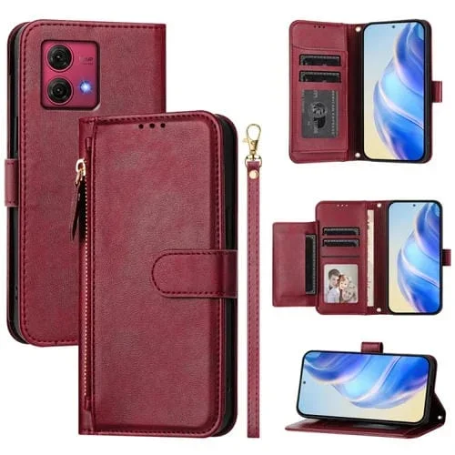 Funda de Cuero con Cremallera y Ranuras para Tarjetas para Motorola Moto G84 (Rojo Oscuro)