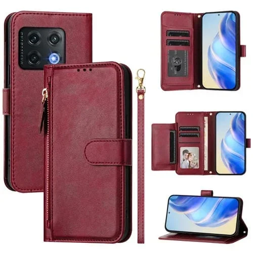 Funda de Cuero con Cremallera y Ranuras para Tarjetas para OnePlus 10 Pro (Rojo Oscuro)