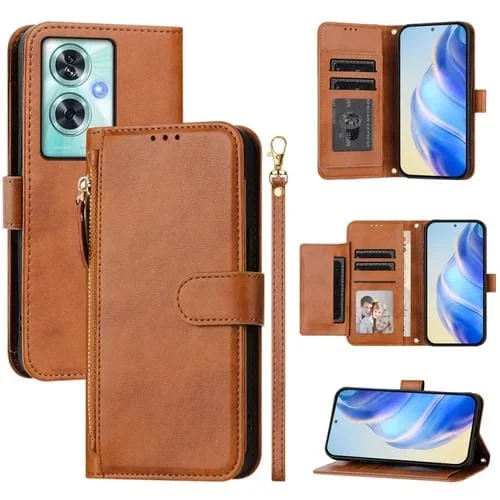 Funda de Cuero con Cremallera y Ranuras para Tarjetas para OnePlus Nord N30 Se (Marrón)