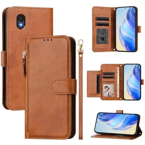 Funda de Cuero con Cremallera y Ranuras para Tarjetas para TCL 201 (Marrón)