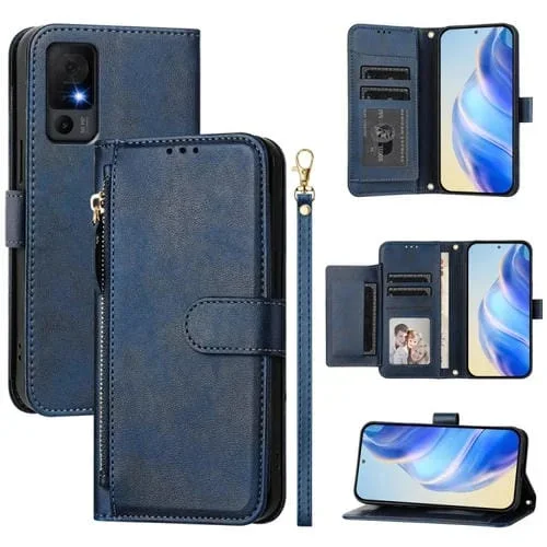 Funda de Cuero con Cremallera y Ranuras para Tarjetas para TCL 40 XL/40T T608Dl (Azul)