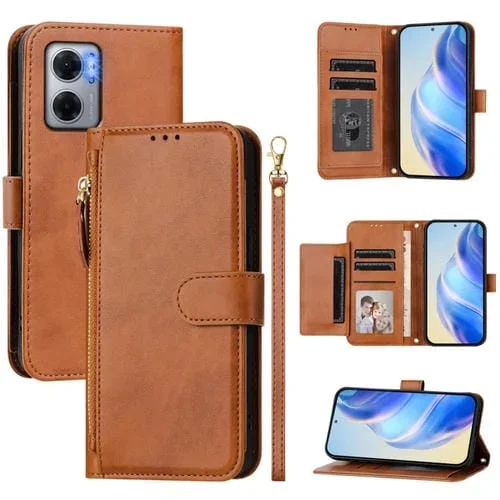 Funda de Cuero con Cremallera y Ranuras para Varias Tarjetas para Redmi 10 5G/Note 11E 5G/Note 11R (Marrón)