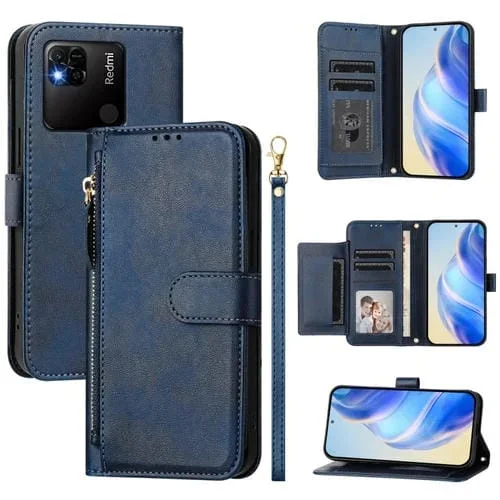 Funda de Cuero con Cremallera y Ranuras para Varias Tarjetas para Redmi 10A/9C (Azul)