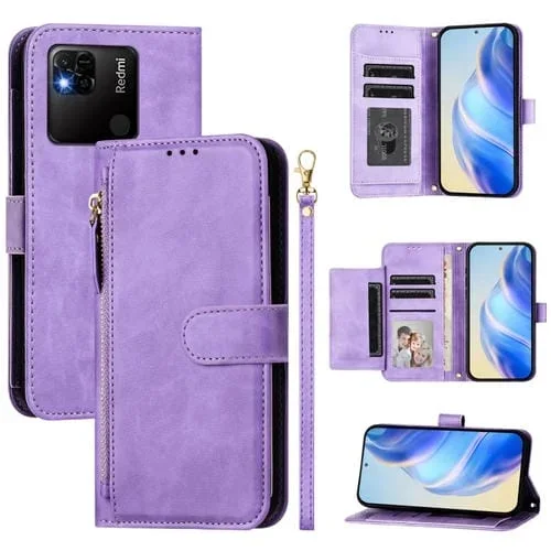 Funda de Cuero con Cremallera y Ranuras para Varias Tarjetas para Redmi 10A/9C (Morado)