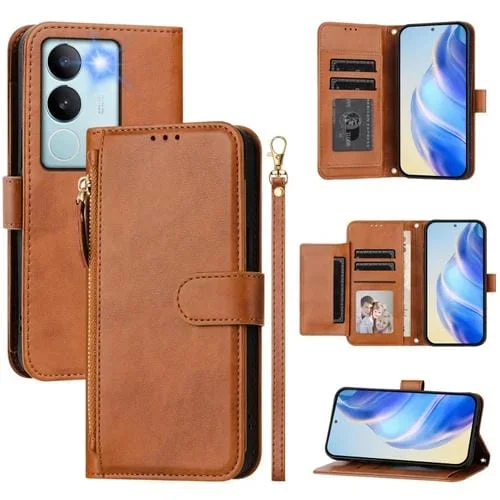 Funda de Cuero con Cremallera y Ranuras para Varias Tarjetas para Vivo V29 5G/V29 Pro (Marrón)