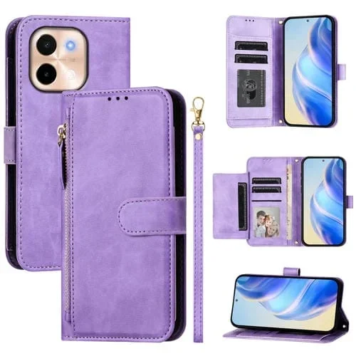 Funda de Cuero con Cremallera y Ranuras para Varias Tarjetas para Vivo Y28 4G (Morado)