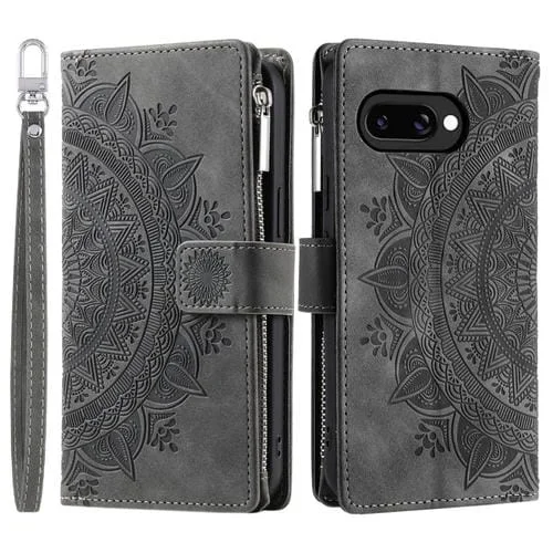 Funda de Cuero con Cremallera y Tarjetero para Google Pixel 9A (Gris)