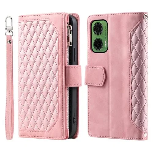 Funda de Cuero con Cremallera y Textura de Cuadrícula para Motorola Moto G35 con Cordón (Oro Rosa)