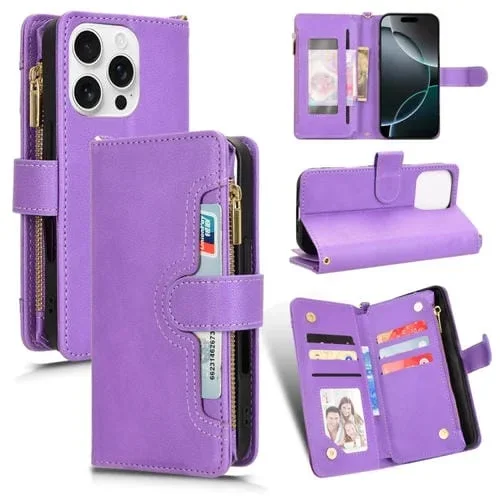 Funda de Cuero con Cremallera y Textura de Lichi para iPhone 16 Pro Max (Morado)