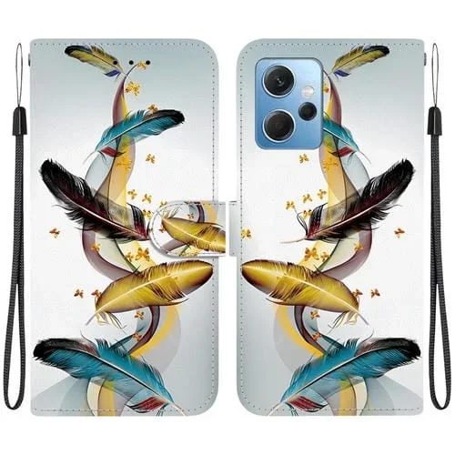 Funda de Cuero con Dibujo de Colores y Textura de Cristal Global para Redmi Note 12 4G (Plumas de Mariposa Doradas)