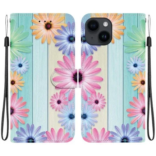 Funda de Cuero con Dibujo de Colores y Textura de Cristal para iPhone 13 (Girasoles)