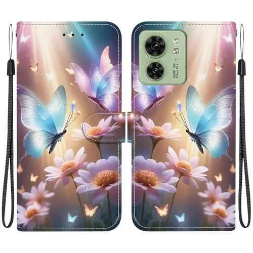 Funda de Cuero con Dibujo de Colores y Textura de Cristal para Motorola Edge 40 (Mariposa, Amor y Flores)