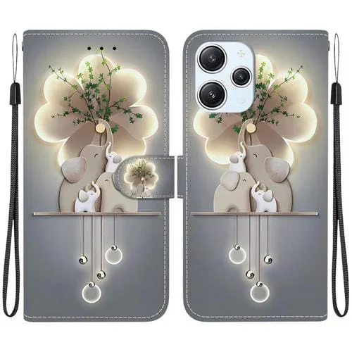 Funda de Cuero con Dibujo de Colores y Textura de Cristal para Redmi 12 4G/5G/Poco M6 Pro (Elefantes)