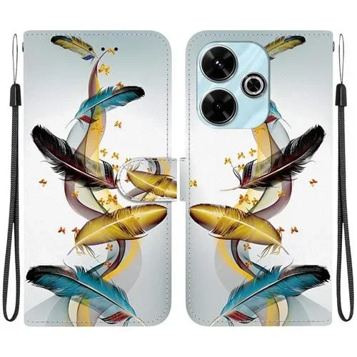 Funda de Cuero con Dibujo de Colores y Textura de Cristal para Redmi 13 4G/Poco M6 (Plumas de Mariposa Doradas)