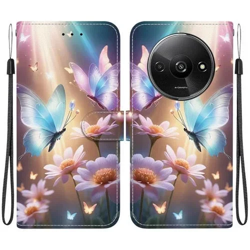 Funda de Cuero con Dibujo de Colores y Textura de Cristal para Redmi A3 (Mariposa, Amor y Flores)
