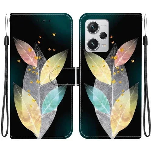 Funda de Cuero con Dibujo de Colores y Textura de Cristal para Redmi Note 12 Pro+ 5G (Hojas de Colores)