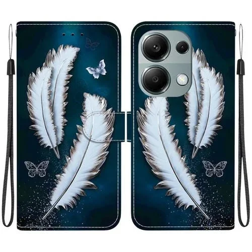 Funda de Cuero con Dibujo de Colores y Textura de Cristal para Redmi Note 13 Pro 4G / Poco M6 Pro (Plumas de Mariposa Blancas)