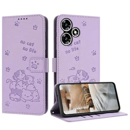 Funda de Cuero con Diseño de Gatito En Relieve NFC para Infinix Hot 30 Play con Cordón (Morado)