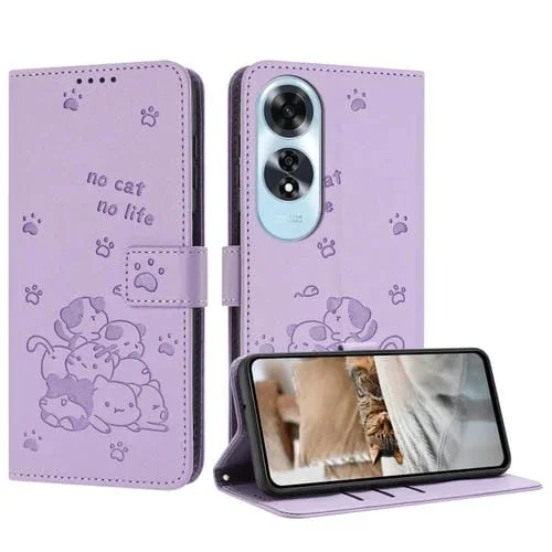 Funda de Cuero con Diseño de Gatito En Relieve para Oppo A60 4G (Morado)