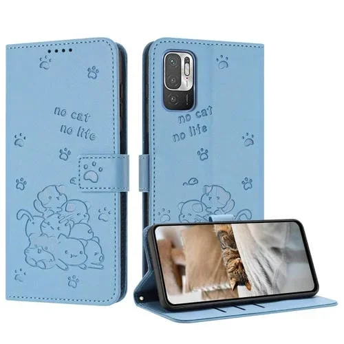 Funda de Cuero con Diseño de Gatito En Relieve y Cordón para Redmi Note 10 5G/Note 10T 5G (Azul)