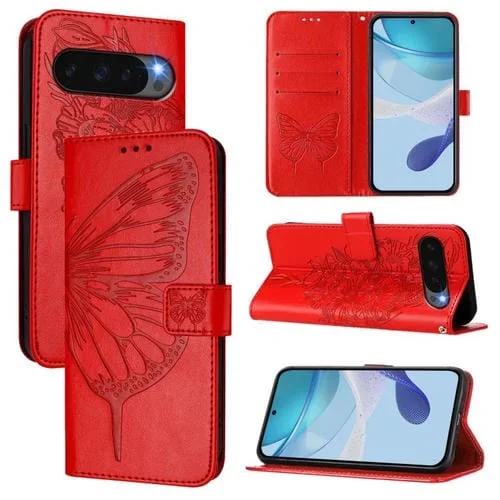 Funda de Cuero con Diseño de Mariposa en Relieve para Google Pixel 10 Pro (Roja)