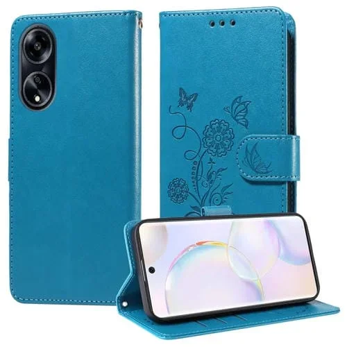 Funda de Cuero con Diseño de Mariposas y Flores En Relieve para Oppo A1/A98/F23 5G (Azul)