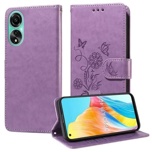 Funda de Cuero con Diseño de Mariposas y Flores En Relieve para Oppo A78 4G (Morado)