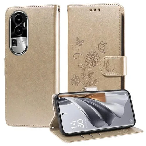 Funda de Cuero con Diseño de Mariposas y Flores En Relieve para Oppo Reno10/Reno10 Pro (Dorada)