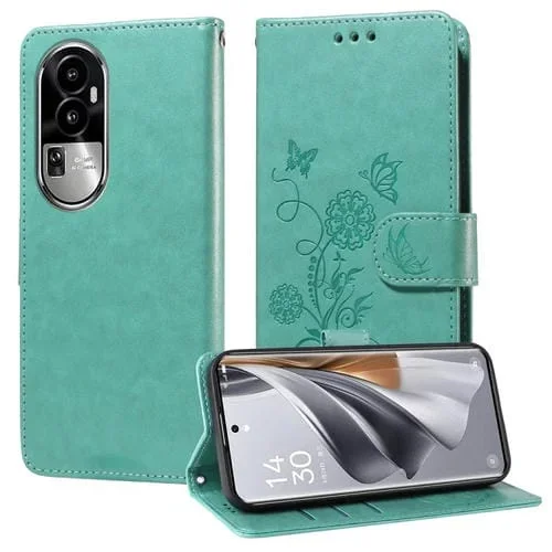 Funda de Cuero con Diseño de Mariposas y Flores En Relieve para Oppo Reno10/Reno10 Pro (Verde)