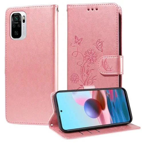 Funda de Cuero con Diseño de Mariposas y Flores En Relieve para Redmi Note 10 4G India/10S 4G (Oro Rosa)