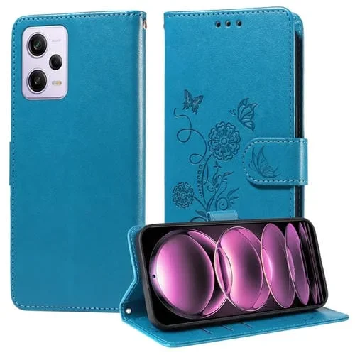 Funda de Cuero con Diseño de Mariposas y Flores En Relieve para Redmi Note 12 Explorer/Note 12 Pro+ (Azul)