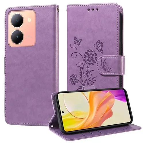 Funda de Cuero con Diseño de Mariposas y Flores En Relieve para Vivo Y36 4G/5G (Morado)