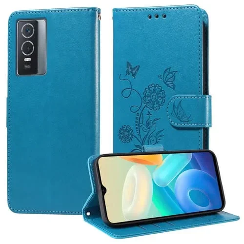 Funda de Cuero con Diseño de Mariposas y Flores En Relieve para Vivo Y76 5G/Y76S (Azul)