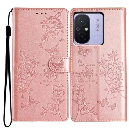 Funda de Cuero con Diseño de Mariposas y Flores para Redmi 12C (Oro Rosa)