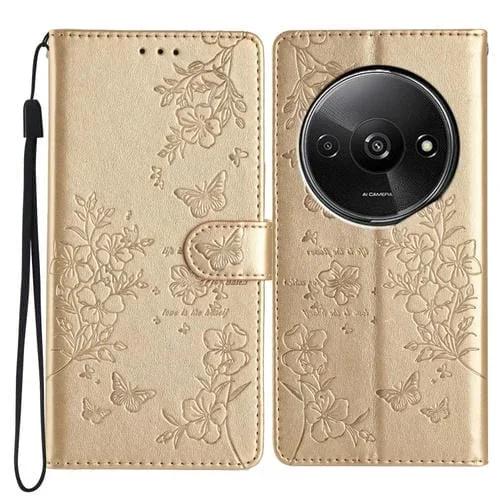Funda de Cuero con Diseño de Mariposas y Flores para Redmi A3 (Dorada)