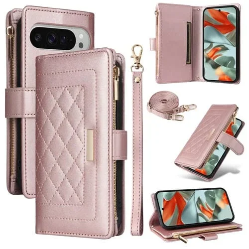 Funda de Cuero con Diseño de Rombos y Billetera Cruzada con Cremallera para Google Pixel 9 Pro XL (Oro Rosa)