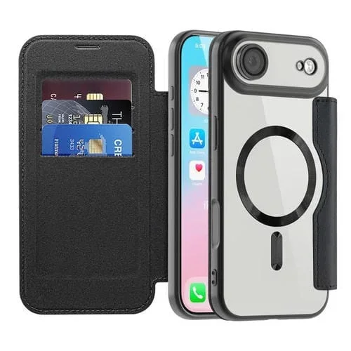 Funda de cuero con diseño de rombos y Magsafe RFID antirrobo para iPhone 17 Air Shield (negra)
