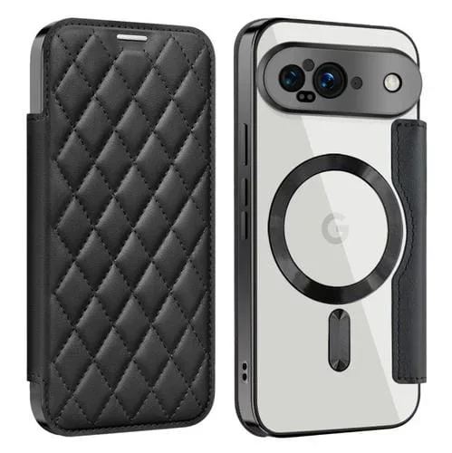 Funda de Cuero con Diseño de Rombos y Protección Rfid Magsafe para Google Pixel 9 (Negra)
