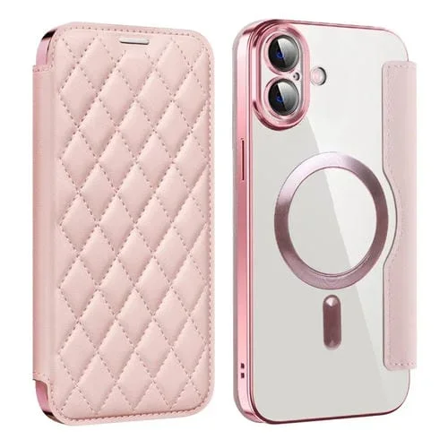 Funda de Cuero con Diseño de Rombos y Protección Rfid Magsafe para iPhone 16 Plus (Rosa)