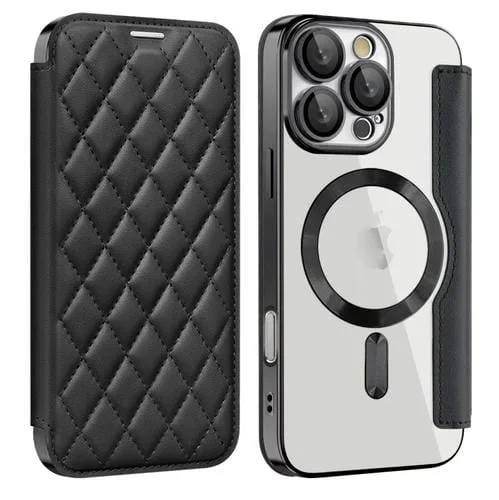 Funda de Cuero con Diseño de Rombos y Protección Rfid Magsafe para iPhone 16 Pro Max (Negro)