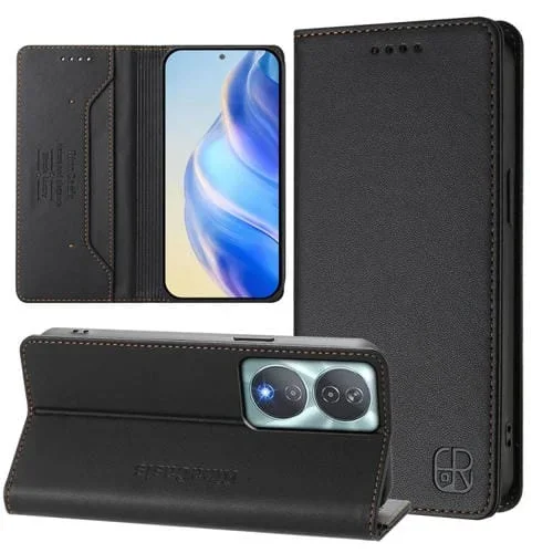 Funda de Cuero con Doble Pliegue y Succión Magnética Rfid para Honor 90 Smart / X7B 5G / 4G Rc01 (Negra)
