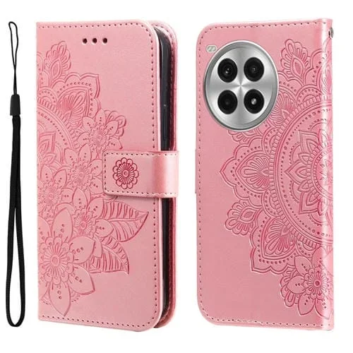 Funda de Cuero con Estampado de Flores de Siete Pétalos para OnePlus Ace 3 Pro (Oro Rosa)