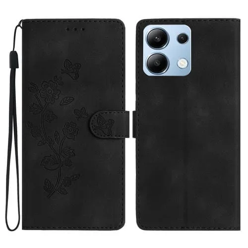 Funda de Cuero con Estampado de Flores y Mariposas para Redmi Note 13 4G (Negra)