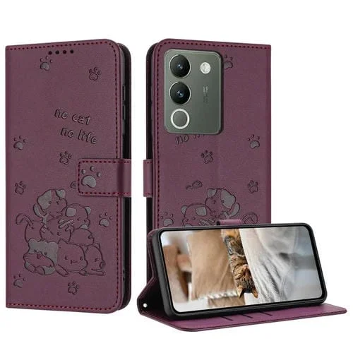 Funda de Cuero con Estampado de Gatito En Relieve para Vivo Y200 5G (Rojo Vino)