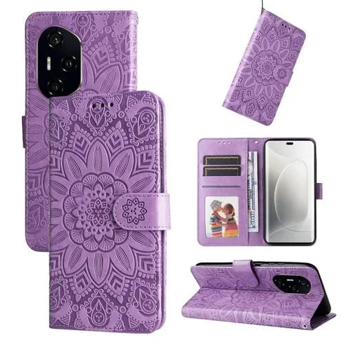 Funda de Cuero con Estampado de Girasoles en Relieve para Honor 300 Pro (Morado)